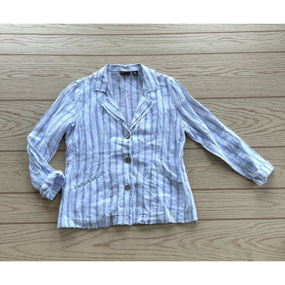 JNY Linen Striped Button Up Jacket Women's Size S White and Blue